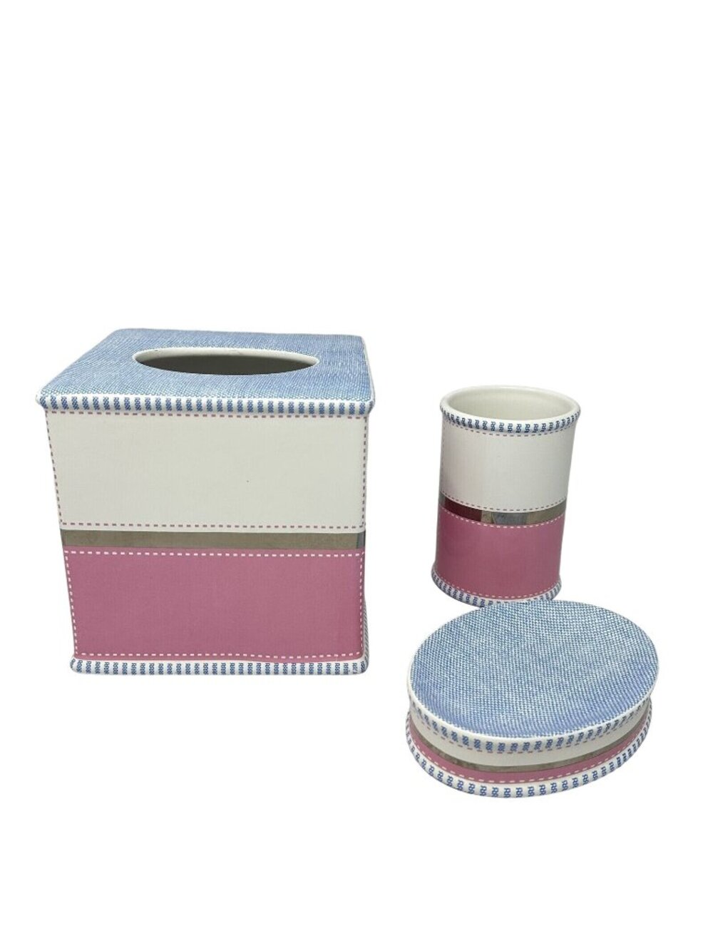 2006 Tommy Hilfiger Bathroom Set Tissue Cover Soap Dish Cup Pink Blue Silver